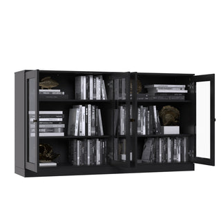 Sideboard, Set of 2 Units, Solid Pine Wood and Glass, 64 In. Wide, Black Matte