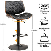 Swivel Bar Stools, Set of 2, Black Faux Leather, Metal Pedestal Base