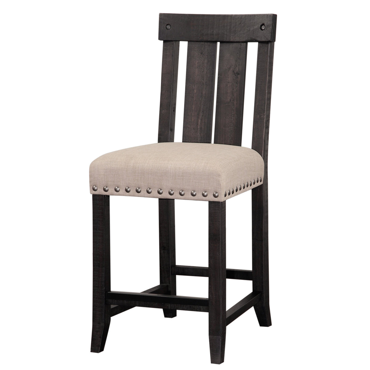 Bar Stool, Solid Pine Frame, Beige Polyester Seat, Nailhead Trim