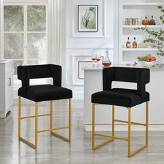Counter Stools, Set of 2, Black Velvet Seat, Gold Metal Frame