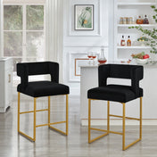 Counter Stools, Set of 2, Black Velvet Seat, Gold Metal Frame