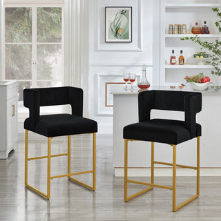 Counter Stools, Set of 2, Black Velvet Seat, Gold Metal Frame