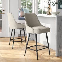 Counter Stools, Set of 2, Khaki Polyester Seat, Black Iron Frame
