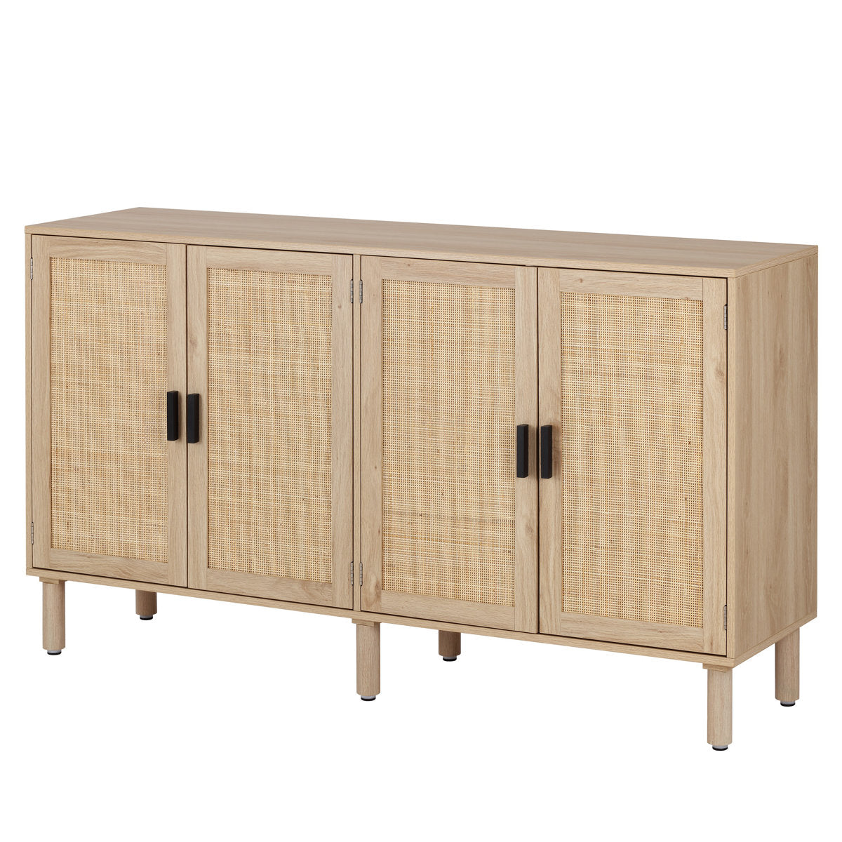 Sideboard Cabinet, 4 Doors, Solid and Manufactured Wood, Natural Rattan Doors