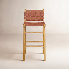 Bar Stool, Brown Leather Seat, Solid Teak Frame, Full Back