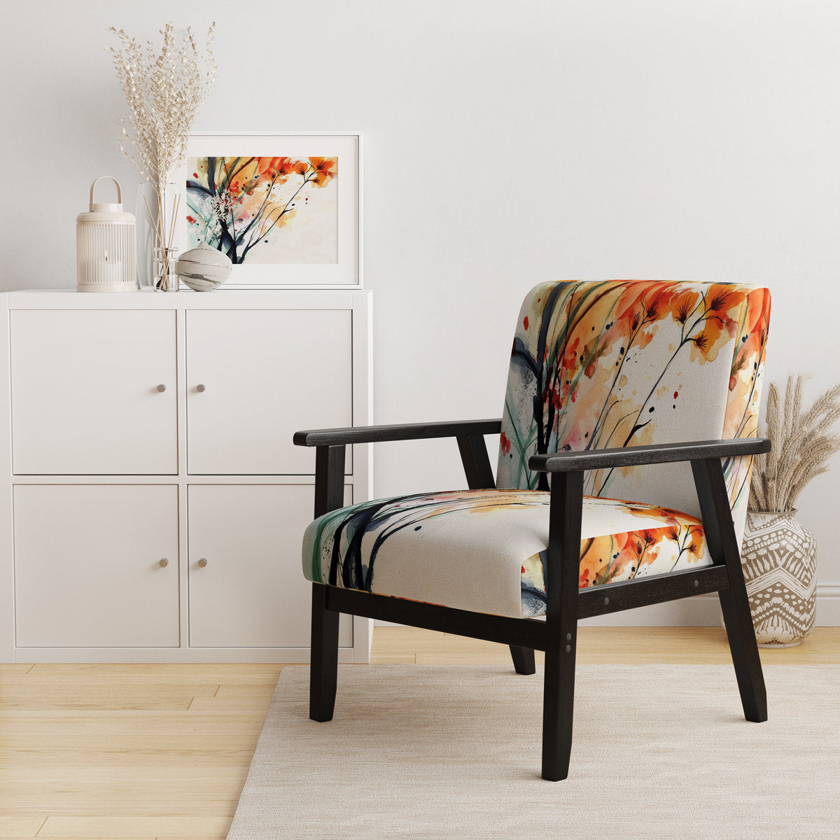 Accent Armchair, Floral Velvet, Solid Wood Frame, Red Orange Black White, Black Legs