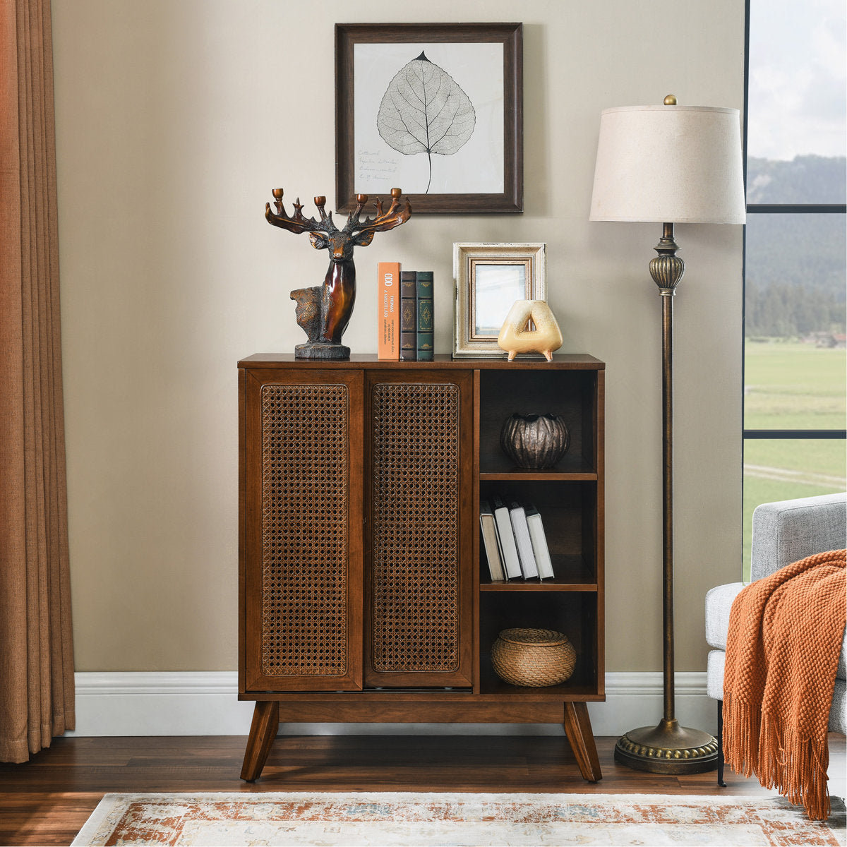 Sideboard with Sliding Doors and Shelves, Solid Wood and MDF, Rattan Accents