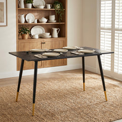Dining Table, Black Marble Grain Veneer Top, Black Iron Four-Leg Base