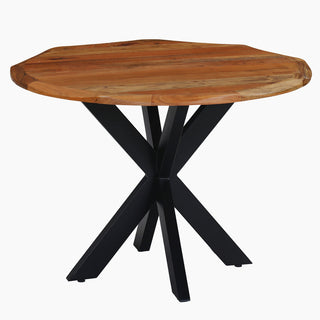 Round Dining Table, Solid Acacia Wood, Seats 4, Brown Top, Black Metal Cross Legs