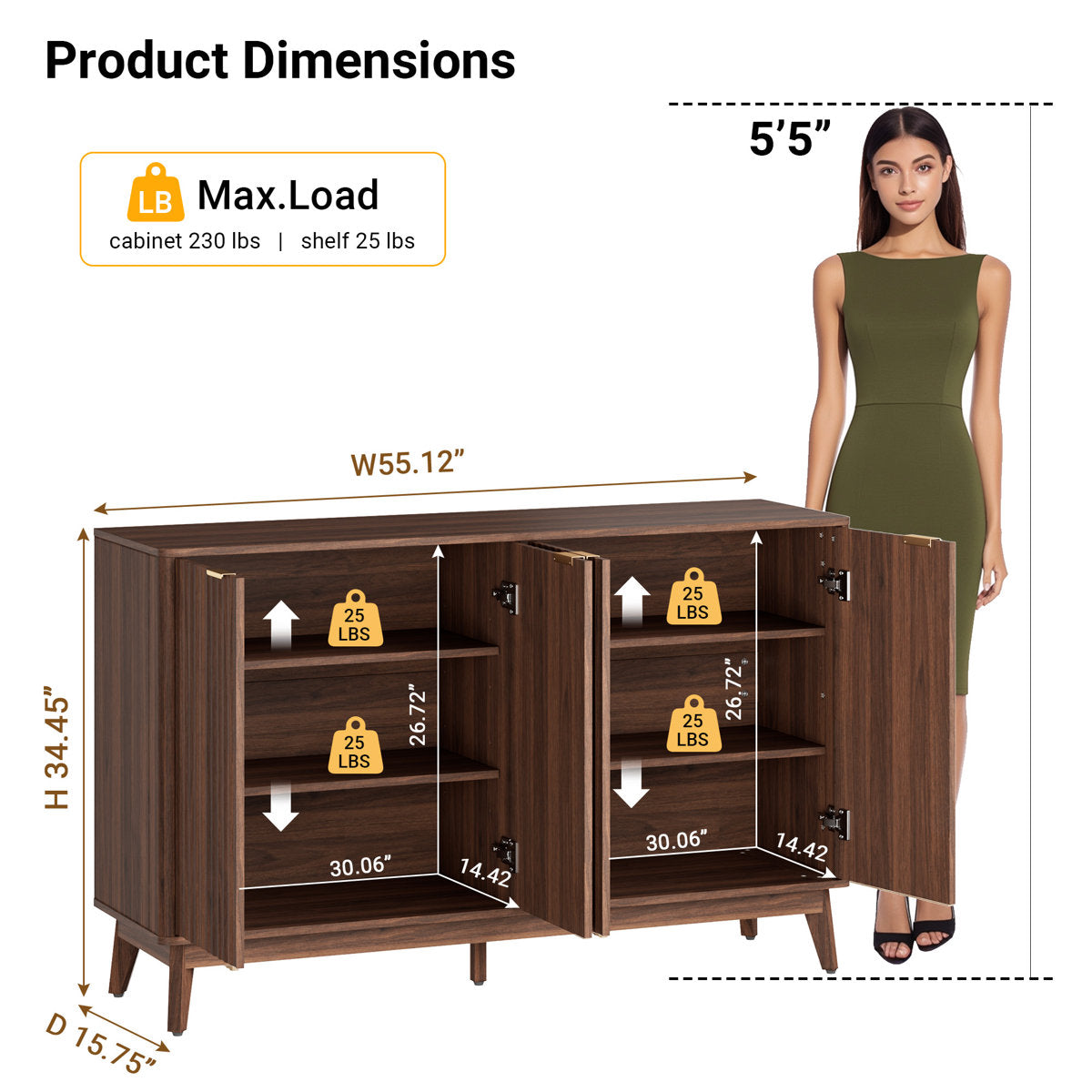 Sideboard, Solid and Manufactured Wood, Adjustable Shelves, Walnut