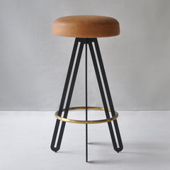 Backless Stool, Brown Leather Seat, Gold and Black Steel Base
