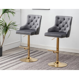 Bar Stools, Set of 2, Gray Velvet, Gold Stainless Steel Swivel Base