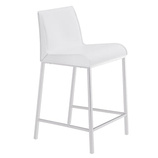 Counter Stools, Set of 2, White Faux Leather, Stainless Steel Legs