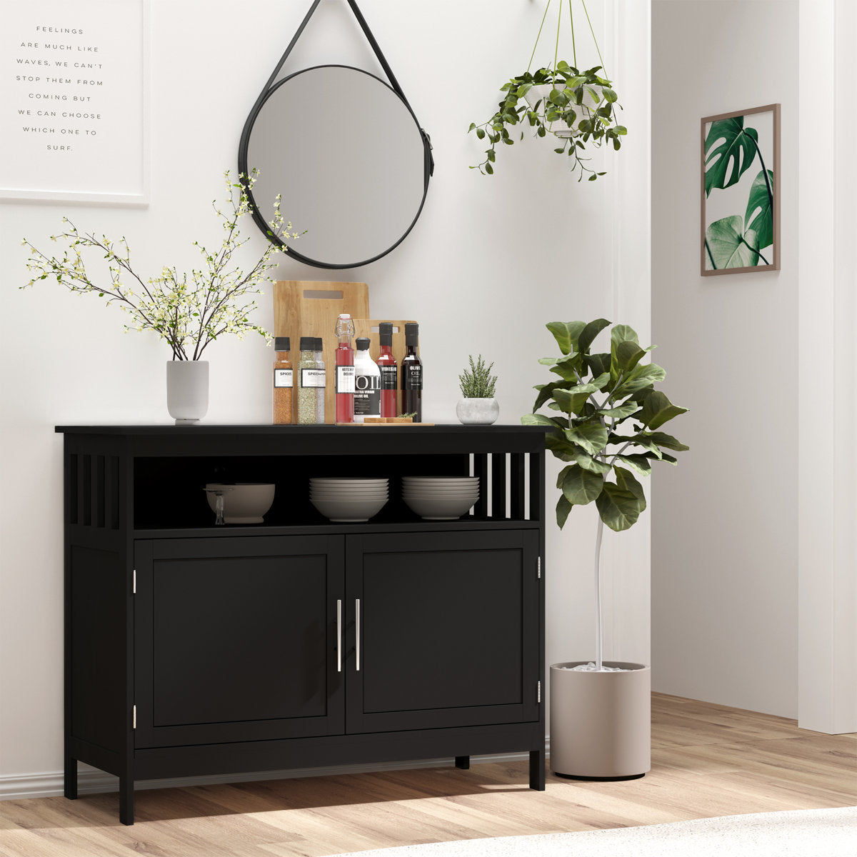 Sideboard Cabinet, Black MDF, Open Shelf, 2 Doors, Aluminum Handles