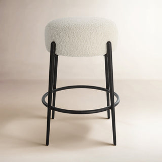 Counter Stool, White Faux Shearling Seat, Satin Black Metal Base