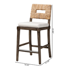 Counter Stool, Rattan and Mahogany Frame, White Fabric Seat, Dark Brown Base