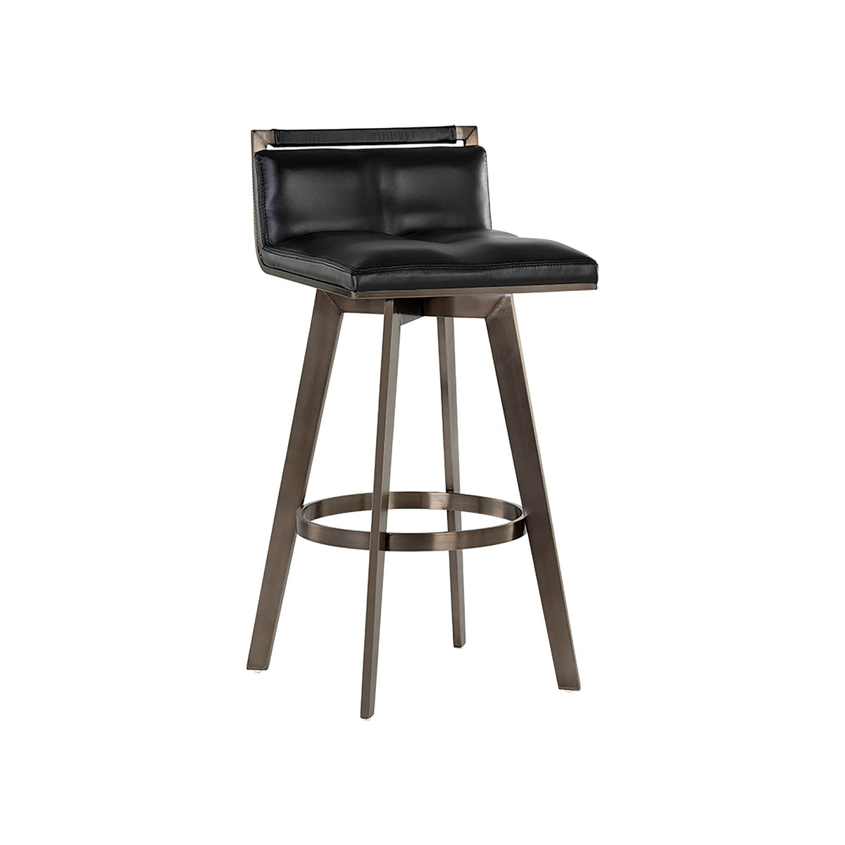 Bar Stool, Black Faux Leather Seat, Stainless Steel Frame, Antique Brass Base
