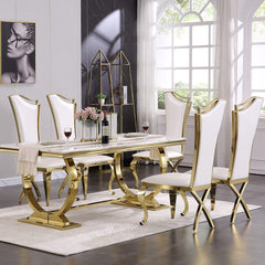 Dining Table, Seats 6, White Faux Marble Top, Gold Stainless Steel Pedestal Base