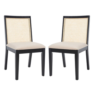 Side Chairs, Set of 2, Cushioned Polyester Seat, Black and Beige