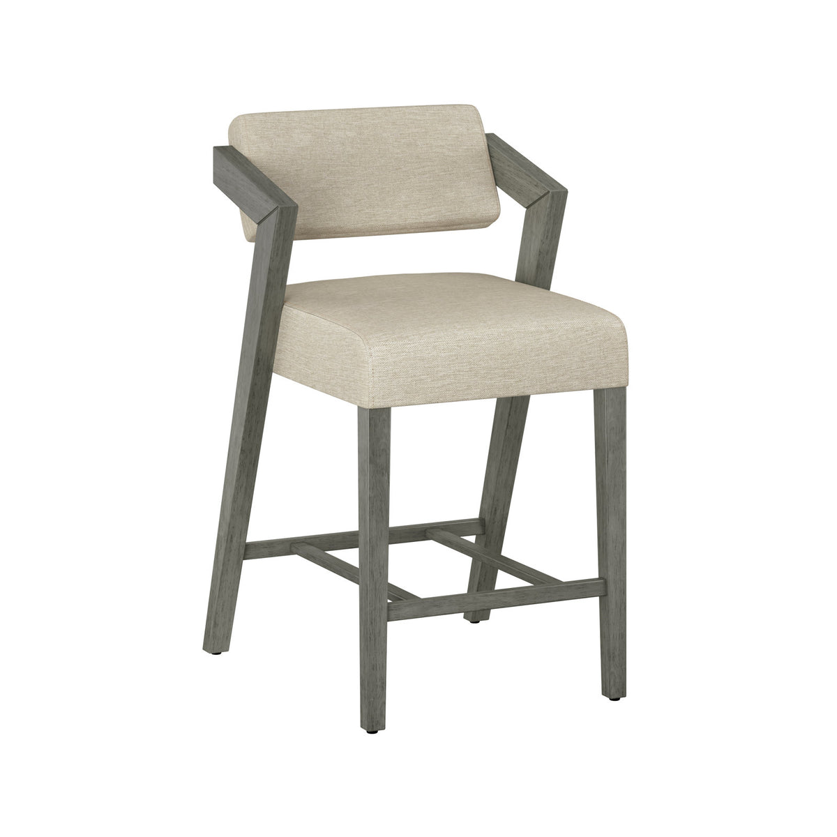 Counter Stool, 26 Inch Seat Height, Aged Gray Wood Frame, Beige Fabric Seat
