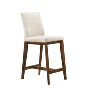 Counter Stool, Solid Wood Frame, White Genuine Leather Seat, Walnut Finish