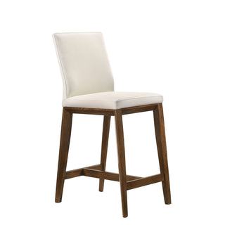 Counter Stool, Solid Wood Frame, White Genuine Leather Seat, Walnut Finish