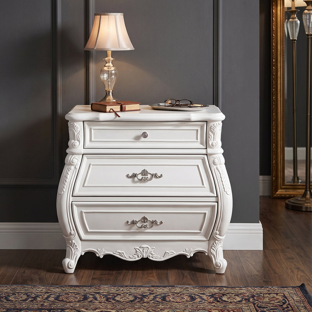 Nightstand, 3 Drawers, Solid Wood Frame and Top, Pearl White Finish