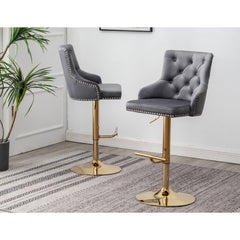 Bar Stools, Set of 2, Gray Velvet, Gold Stainless Steel Swivel Base