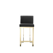 Counter Stool, 26 Inch Seat Height, Black Faux Leather, Gold Steel Sled Base