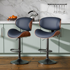 Bar Stools, Set of 2, Faux Leather, Dark Blue/Black/Walnut