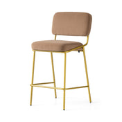 Counter Stool, Camel Brown Upholstered Seat, Painted Brass Metal Frame