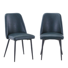 Side Chairs, Set of 2, Blue Faux Leather, Black Metal Legs