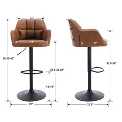 Swivel Bar Stool, Brown Faux Leather, Black Iron Pedestal Base, Adjustable Height