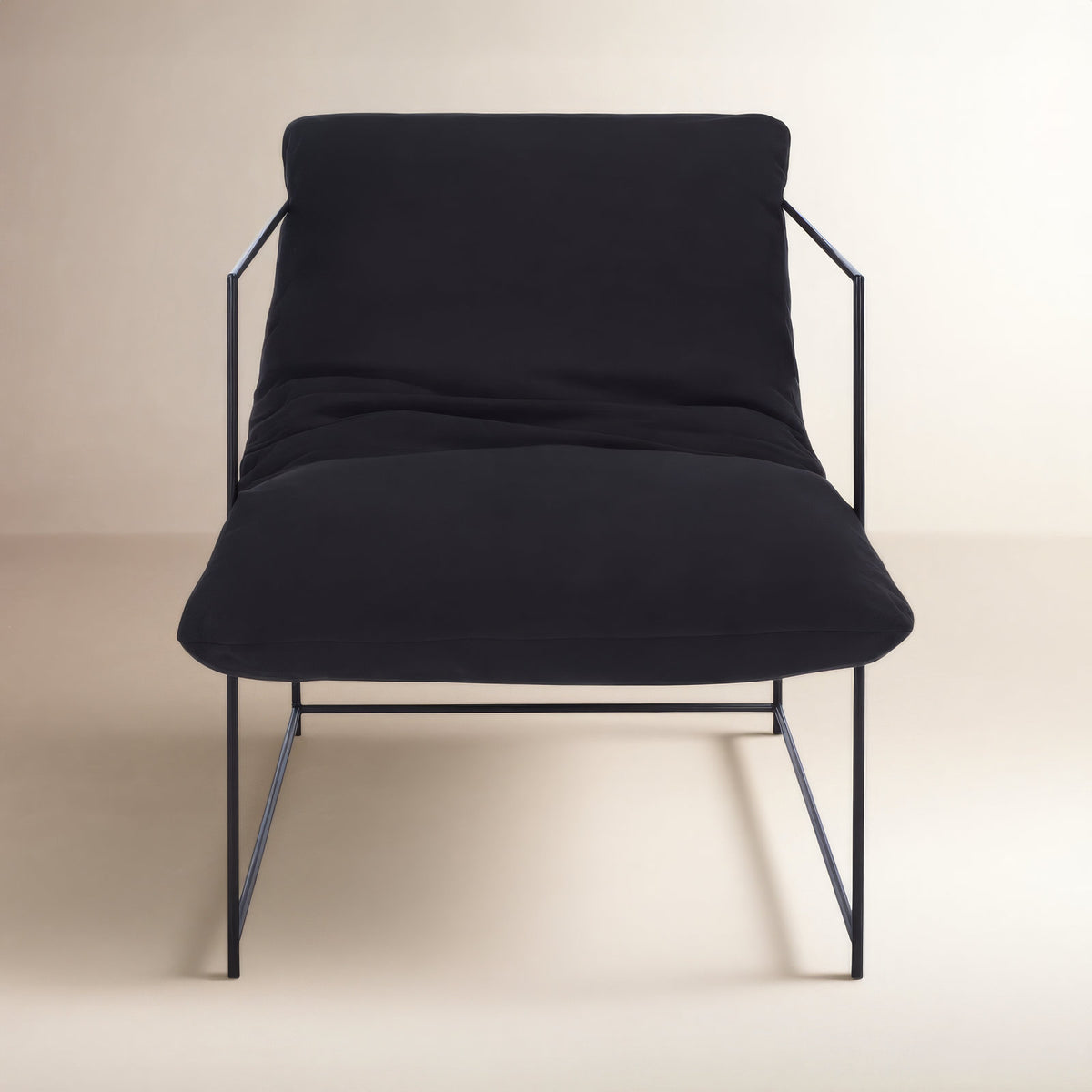 Armchair, Black Linen Upholstery, Iron Frame and Legs