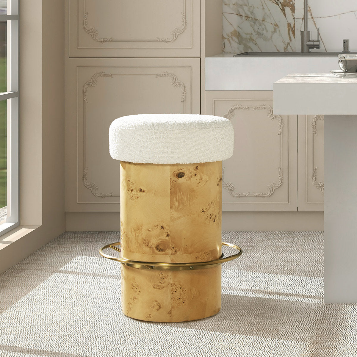 Counter Stool, Ivory White Boucle Seat, Brown Burlwood Pedestal Base