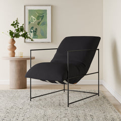 Black Linen Armchair with Iron Frame and Hammock-Style Seat