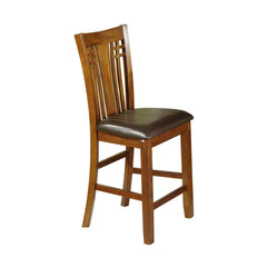 Stools, Set of 2, Brown Faux Leather Seat, Medium Oak Wood Frame