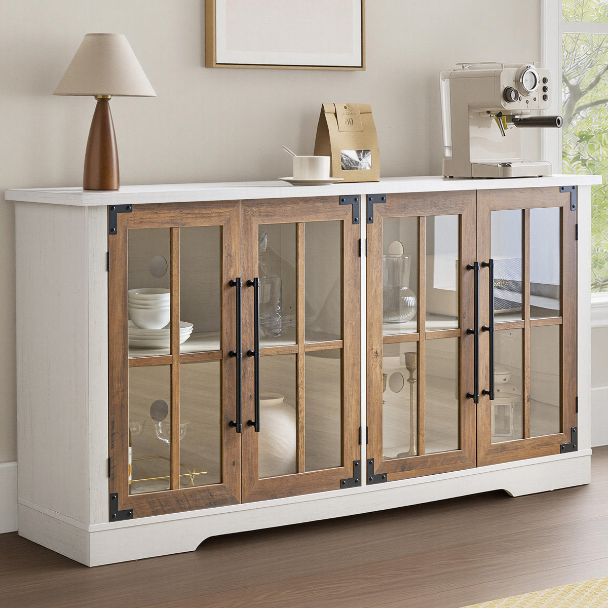 Sideboard with 4 Glass Doors, Manufactured Wood, White
