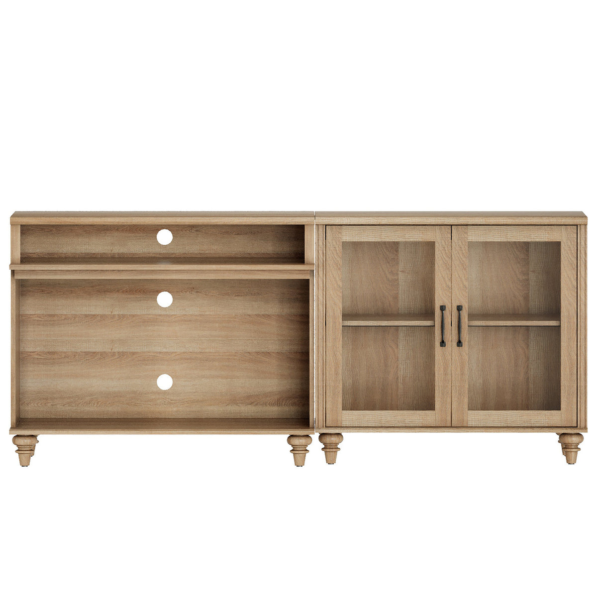 Sideboard Buffet Cabinet, 2-Piece, Oak Surface, Glass Door Cabinet, 71 Inch