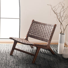 Side Chair, Woven Brown Leather, Solid Wood Frame, Brown