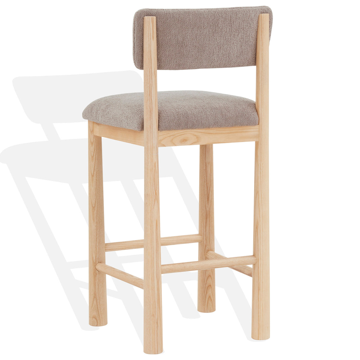 Bar Stool, 30 Inch Seat Height, Ash Wood Frame, Light Brown Boucle