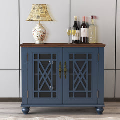 Sideboard, Glass Doors, Manufactured Wood, Navy Base, Natural Top