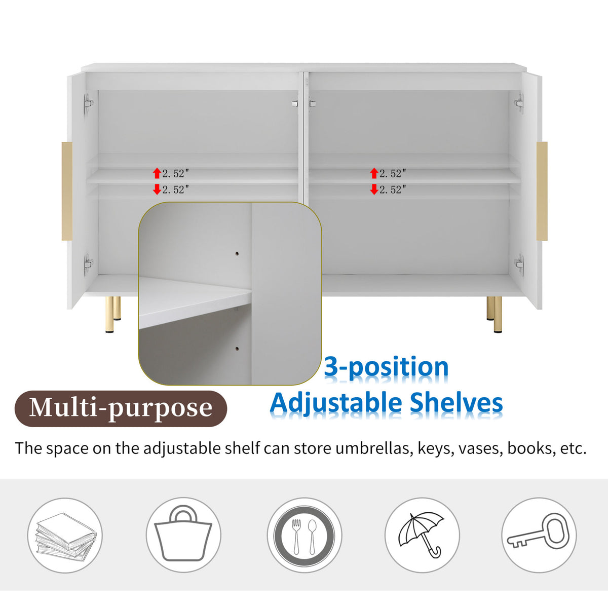 Sideboard, 4 Doors, White Manufactured Wood, Gold Metal Legs