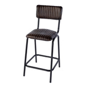 Bar Stool, Genuine Leather Seat, Iron Frame, Footrest, Black and Brown