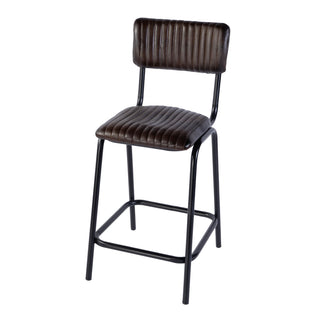 Bar Stool, Genuine Leather Seat, Iron Frame, Footrest, Black and Brown