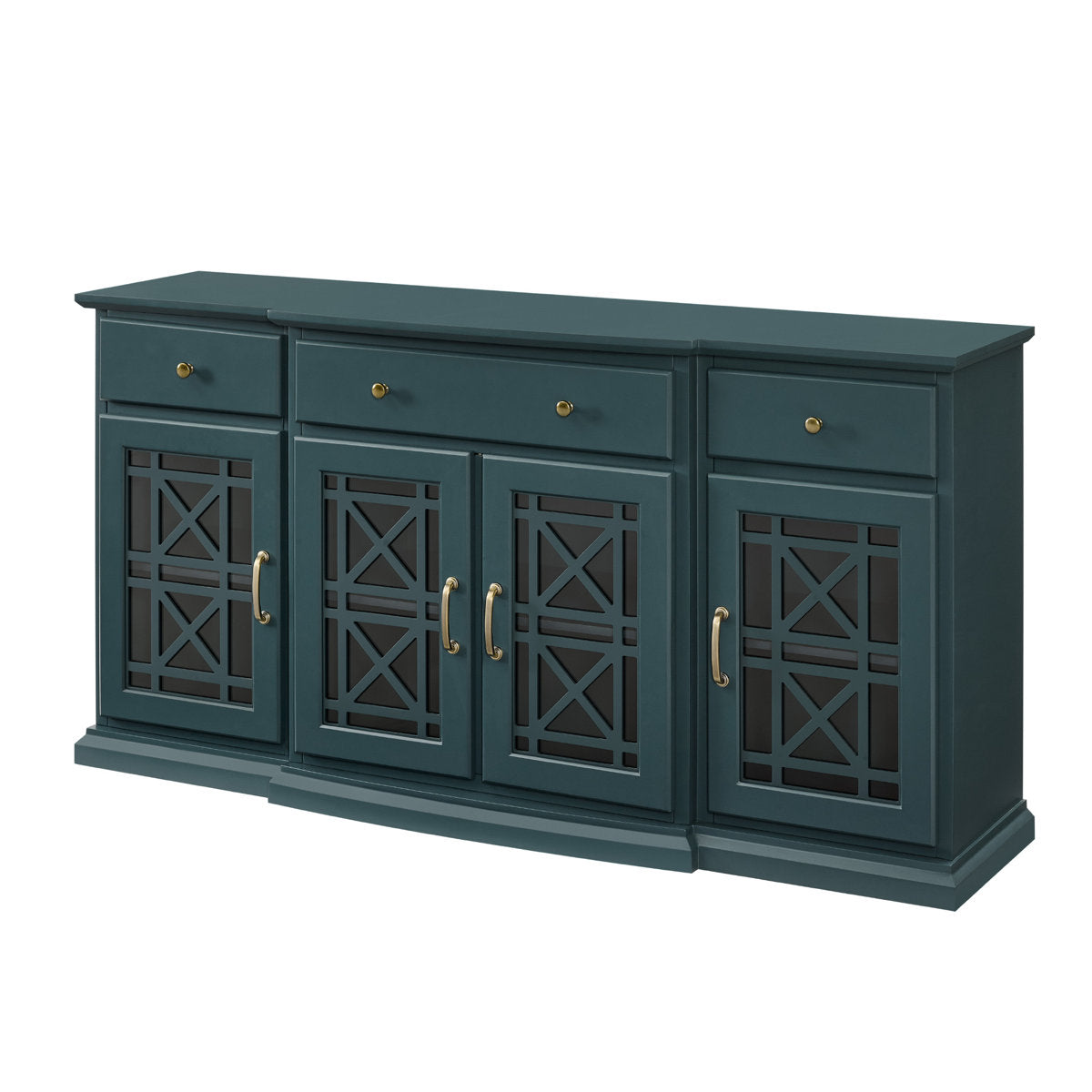 Sideboard, 4 Glass Doors, 3 Drawers, Manufactured Wood, Dark Teal