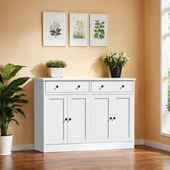 Sideboard with Drawers and Adjustable Shelves, White Manufactured Wood
