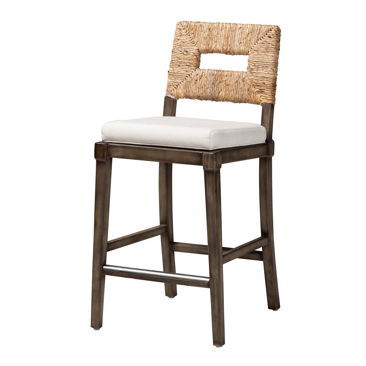 Counter Stool, Rattan and Mahogany Frame, White Fabric Seat, Dark Brown Base