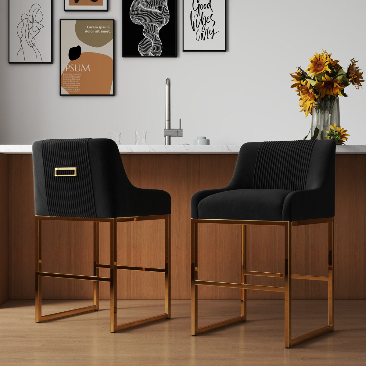 Bar Stools, Set of 2, Black Velvet, Gold Metal Sled Base