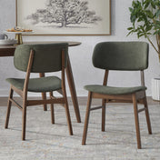 Side Chairs, Set of 2, Green Linen Blend Upholstery, Walnut Rubberwood Legs